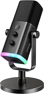 فيفين ميكروفون ديناميكي USB - XLR لتسجيل البودكاست العاب الكمبيوتر مع ضوء RGB وزر كتم الصوت ومقبس سماعات راس وحامل سطح المكتب وميكروفون صوتي للغناء على اليوتيوب- امبليجيم AM8 أحادي الاتجاه أسود