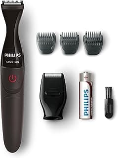 ماكينة حلاقة Multigroom Series 1000 لتحديد اللحية بدقة فائقة، شفرات DualCut، ملحق حلاقة دقيق، قابلة للغسل بالكامل، بطارية AA، 3 أمشاط تحديد – MG1100/16