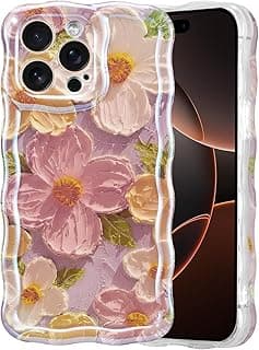 GQ for iPhone 16 Pro Case for Women Girl Oil Painting Flowers Laser Beam Glossy Pattern Waves Border Cover Silicone Shockproof Phone Case
