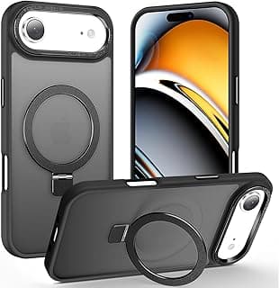 جراب مغناطيسي لهاتف ابل iPhone 17 Air مع حامل حلقي، [حماية من السقوط 10 قدم] [ملمس مخملي] جراب خلفي مطفي شفاف مقاوم للصدمات، لون Space Black
