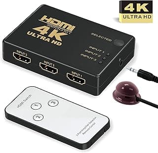Storite HDMI Switch 4K, 3-Port HDMI Switcher, Splitter, Supports 4K, Full HD1080p, 3D with IR Remote