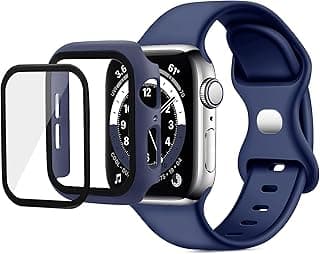 Band with Case Compatible with Apple Watch 44mm, Silicone Sport Wristband Replacement, Strap With Cover Built-in Glass Screen Protector for iWatch Series 6 5 4 SE SE 2