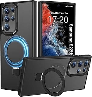 Compatible with Samsung Galaxy S22 Ultra Case with Magnetic Ring Stand, Military Drop Protection, Anti-Scratch/Anti-Fingerprint Translucent Matte Case for Samsung S22 Ultra (Black)