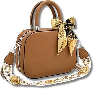 1683 Women’s Glossy Leather Top Handle & Crossbody Bag | Wide Satin Strap | Silk Scarf Accent | Silver Hardware | 12 Colors | 17×22×9 CM