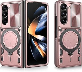 جراب متوافق مع سامسونج Galaxy Z Fold 6، غطاء منزلق للكاميرا، حلقة دوران 360 درجة، مسند، مضاد للصدمات، حامل مغناطيسي للسيارة عسكري لهاتف سامسونج Z Fold 6 (ذهبي وردي)