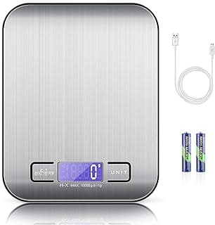 ميزان مطبخ إلكتروني رقمي مع كابل USB دقيق لأوزان 10 كجم/1 جرام من الفولاذ المقاوم للصدأ مع شاشة خلفية ال سي دي بإضاءة خلفية ووظيفة الوزن الفارغ تتضمن بطاريات من موسو