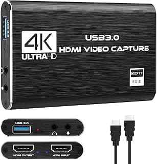 4K Audio Video Capture Card, USB 3.0 HDMI Video Capture Device, Full HD 1080P for Game Recording, Live Streaming Broadcasting (Black)