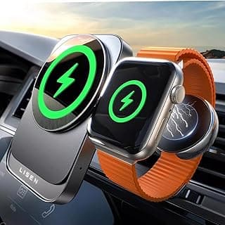 شاحن سيارة مغناطيسي لاسلكي 2 في 1، حامل هاتف مغناطيسي 18 واط متوافق مع iPhone 16 15 14 13 12 Pro Max Plus وApple Watch، حامل تهوية للسيارة