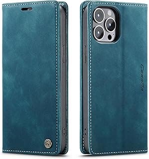 SINIANL Leather Wallet Case for iPhone 15 Pro Max, Book Folding Flip Folio With Magnetic Kickstand, Card Slots, Protective Cover - Blue
