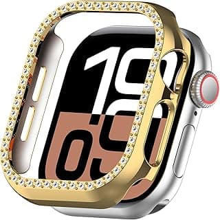 جراب Dl3 Mobilak مرصع بالكريستال بدون واقي شاشة لساعة ابل Watch Series 10 مقاس 46mm، إطار PC صلب، غطاء حماية مرصع بالماس للنساء والفتيات (ذهبي)