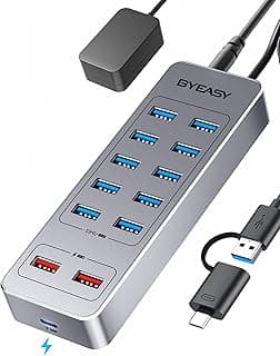 BYEASY Powered USB Hub, 13-Port USB 3.0 Data Hub with 10*USB 3.0 Ports, 2*USB A Charging Ports and 1*USB C Charging Port, USB Splitter Powered with 12V3A Adapter for Laptop,Tablet, USB Flash Drives