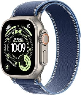 Apple Watch Ultra 3 GPS + Cellular 49mm Premium Running and Multisport Smartwatch with Rugged Natural Titanium Case with Blue/Bright Blue Trail Loop S/M. Advanced Health and Fitness Tracking