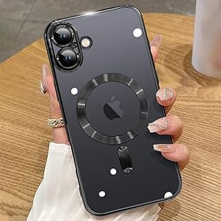 جراب مغناطيسي لهاتف iPhone 16 مع MagSafe [لا يصفر أبداً] [حماية من السقوط بمعايير عسكرية] حماية كاملة لعدسة الكاميرا، جراب سيليكون شفاف ناعم (iPhone 16، أسود)