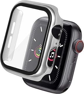 Case Compatible with Apple Watch 44mm Series SE 6 5 4, Built in Tempered Glass Screen Protector Plating Hard Cover, Full Protection, Silver
