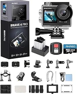 كاميرا اكشن Brave 4 Pro بدقة 4K 30FPS و20MP مع كارت ميموري 128GB U3، كاميرا تحت الماء حتى 40 متر، شاشة لمس Ultra HD، زاوية واسعة 170 درجة، تثبيت صورة، زووم 5X، ريموت كنترول 2.4G وبطاريتين 1350mAh