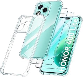 جراب متوافق مع Honor 400 Lite 5G مع 2 زجاج حماية [حماية للكاميرا]، سيليكون TPU ناعم مضاد للاصفرار ومضاد للصدمات - شفاف