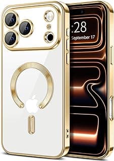 For iPhone 17 Pro Magnetic Case, Compatible with MagSafe, Built-in Camera Lens Protector, Luxury Plating Soft TPU Clear Shockproof Slim Thin Cover (Gold)