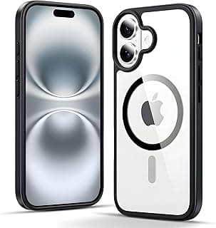 جراب مغناطيسي لهاتف iPhone 16 مقاس 6.1 بوصة متوافق مع MagSafe، جراب ممتص للصدمات، إطار سيليكون مطفي بلون سادة، ظهر شفاف مضاد للخدش (أسود)