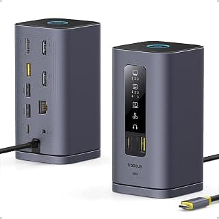 قاعدة توصيل سبيسميت USB نوع C بـ 11 منفذ في واحد تدعم 3 شاشات بدقة 4K نقل بيانات بسرعة 10 جيجابايت/ثانية شحن سريع حتى 100 وات بمنفذ إنترنت وصوت لأجهزة ماك M1/M2/M3 وويندوز وماك او اس من باسيوس