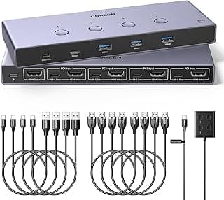 يوجرين محول كيه في ام HDMI 4 قطع 1 شاشة يدعم 8K@60Hz، 4 منافذ USB كيه في ام لـ 4 اجهزة كمبيوتر مشاركة الكيبورد والماوس والاقراص الصلبة وشاشة واحدة، محول كيه في ام مع 4 كابلات USB و4 كيبلات HDMI