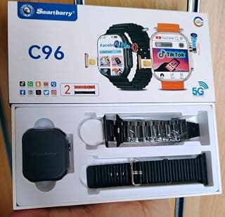 ساعة ذكية Smartbarry C96، 5G، شاشة Super AMOLED، مع سوارين معدن وسيليكون، تدعم تيك توك، يوتيوب، فيسبوك