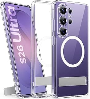 سامسونج Galaxy S26 Ultra جراب بمسند، متوافق مع MagSafe، حماية للكاميرا مضادة للاصفرار، غطاء سيليكون مغناطيسي مطفي شفاف، مقاس 6.9 بوصة، شفاف