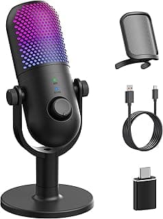 ميكروفون USB لالعاب الكمبيوتر: ميكروفون مكثف RGB للاعبين مع حامل ميكروفون - ميكروفون تسجيل للكمبيوتر واللاب توب مع كتم صوت كيوك - ميكروفون مكتب للمدونات الصوتية والغناء والبث واليوتيوب، اسود