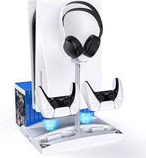 Upgraded Vertical Stand with Cooling Fans for PS5 Disc & Digital Editions, Dual Controllers Charger, Built-in Game Storage and Headset Holder, 17 Game Rack Organizer, White