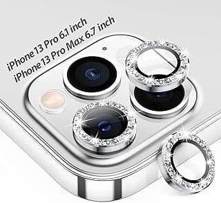 اسكرينة حماية عدسة كاميرا ايفون - iPhone 12 pro /13 pro / 13 Pro Max، غطاء زجاجي للحماية، حلقة معدنية فردية (فضي دايموند)