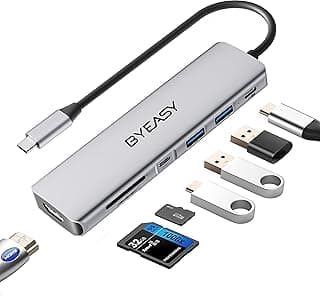 بي واي ايزي موزع USB C، موزع USB C 7 في 1 مع HDMI 4K، قارئ بطاقات SD/TF، توصيل طاقة 100 واط، كيبل 2 قدم محول USB رفيع للغاية متوافق مع اللابتوب والاجهزة الاخرى من النوع C