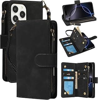 PU Leather Zipper Pocket Flip Folio Phone Case for iPhone 16 Pro, Wallet Case with Wrist Strap Kickstand Protective Case (Black)