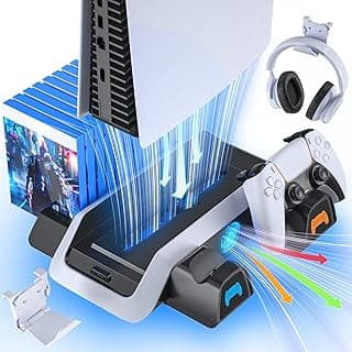 قاعدة PS5 ومحطة تبريد مع شاحن مزدوج لذراع التحكم لبلايستيشن 5، ملحقات PS5، مروحة تبريد، حامل سماعة، 11 فتحة ألعاب، أسود