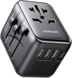 شاحن سفر عالمي JR-TCW01 بقوة 17 وات، مع 3 منافذ USB-نوع ايه ومنفذ USB-نوع سي، يدعم الشحن السريع حتى 4 أجهزة، للتثبيت على الحائط مدمج للموبايلات وأجهزة التابلت من جوي رووم - أسود