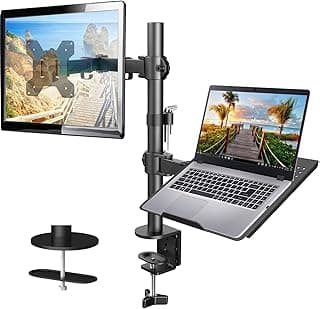 ذراع شاشة مع صينية لاب توب من هوانو، قابل للتعديل بالكامل لشاشة LCD LED مقاس 13 إلى 27 انش ونوت بوك حتى 15.6 انش، خياران للتركيب