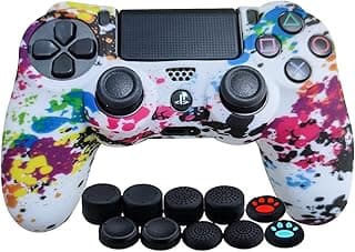 PS4 Controller Skin Shell Anti-Slip Silicone Gaming Grip Cover Protector Case for Sony Playstation 4 Slim PS4 Pro 4 Gamepad Controller Skins with 10 Thumb Grips (Graffiti White)