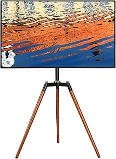 حامل تلفزيون أرضي Fydeamer للشاشات من 32-65 بوصة، حامل ثلاثي القوائم بتصميم استوديو قابل لتعديل الارتفاع مع دوران 140 درجة لغرفة النوم وغرفة المعيشة، حامل تلفزيون خشبي