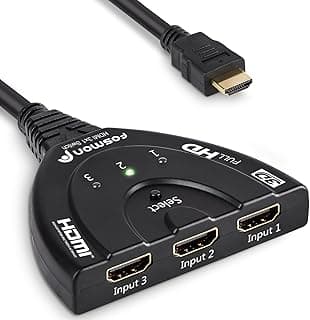 Fosmon 3-Port HDMI Switcher, Intelligent 3x1 Auto Switch Selector Support Full HD 3D 1080p HDCP, 3 In 1 Out HDMI Splitter with 24K Gold Plated HDMI Cable for HDTV DVD PS3 PS4 Xbox One Bluray Apple TV
