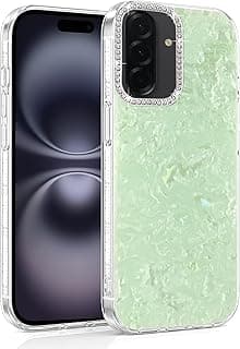 Shiny Marble Case for Samsung Galaxy A17, Glossy Glitter Hard Back Cover with Soft TPU Frame Bumper, Rhinestone Camera Frame, Slim Shockproof Protective Phone Case - Mint Green