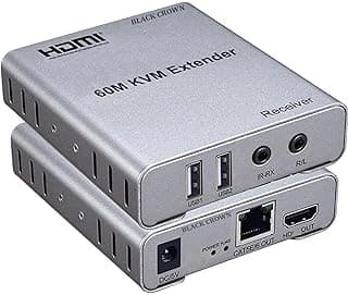 موسع HDMI KVM 60 متر مع مخرج صوت وتحكم IR، تمديد USB للماوس والكيبورد، يدعم فيديو 1080p عبر كابل Cat5e Cat6 - رمادي