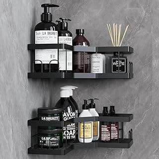 AceMining Shower Shelf No Drilling 2 Pieces Black Shower Shelf, Carbon Steel Bathroom Shelf with Adhesive, Shampoo Holder for Shower, Rust-Resistant Shower Basket, Shower Holder Accessories, Bathroom
