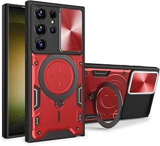 جراب متوافق مع سامسونج Galaxy S22 Ultra، غطاء منزلق للكاميرا، حلقة دوران 360 درجة، مسند، مضاد للصدمات، يدعم الشحن اللاسلكي (أحمر)