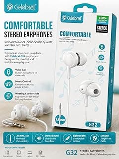 سماعة أذن سلكية ستيريو G32 مع ميكروفون، مدخل 3.5mm، تصميم مريح داخل الأذن، صوت بيس عميق، أبيض