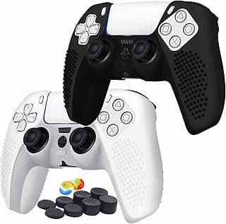 Somago Ps5 Controller Skin, Anti-Slip Silicone Protective Cover Case for Sony Playstation 5 Dualsense Controller (2 Pack) with Thumb Grip Caps (Raised Black & White)