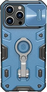 جراب Camshield Armor بظهر صلب مع حامل معدني للأصابع وغطاء كاميرا متحرك بتصميم فاخر متوافق مع ابل ايفون 14 برو ماكس - أزرق