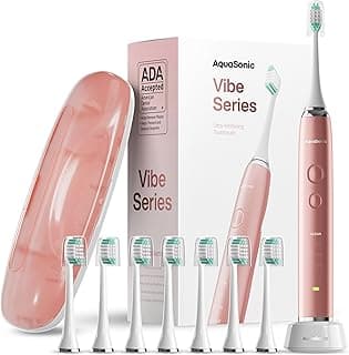 فرشاة أسنان كهربائية Vibe Series للتبييض الفائق - معتمدة من ADA - 8 رؤوس فرشاة وشنطة سفر - موتور 40,000 ذبذبة وشحن لاسلكي - 4 أوضاع مع مؤقت ذكي - ذهبي وردي