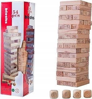 54pcs Wooden Blocks with 4 pcs, Hardwood Blocks, Stacking Tower Game for 4+ Year Kids 1 or More Players