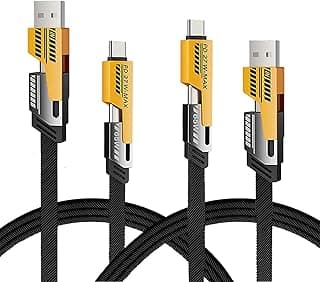 كابل 4 في 1 USB-C، شحن سريع PD 65 وات ومزامنة بيانات، كابل مسطح مجدول مع Type C/USB A للابتوب، ايفون، ايباد، ماك بوك، سامسونج، طول 5 قدم (أصفر، عبوة 2 قطعة)