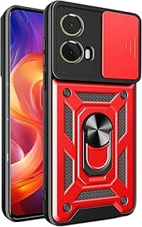 جراب حماية كامل مضاد للصدمات لهاتف موتورولا Edge 50 fusion مع غطاء كاميرا وحلقة معدنية - أحمر