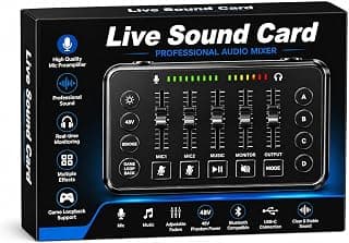 ANKHGIFTSHOP Live Sound Card Professional Audio Mixer, 48V Phantom Power, Bluetooth Compatible, USB-C, Game Loopback, Real-Time Monitoring