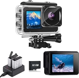 كاميرا اكشن مزدوجة الشاشة 1080P 32GB خريطة مقاومة للماء، 4 × تقريب، (40 م)، كاميرا مقاومة للماء مع بطارية 2 × 1050 مللي امبير وملحقات متعددة الوظائف (L300)
